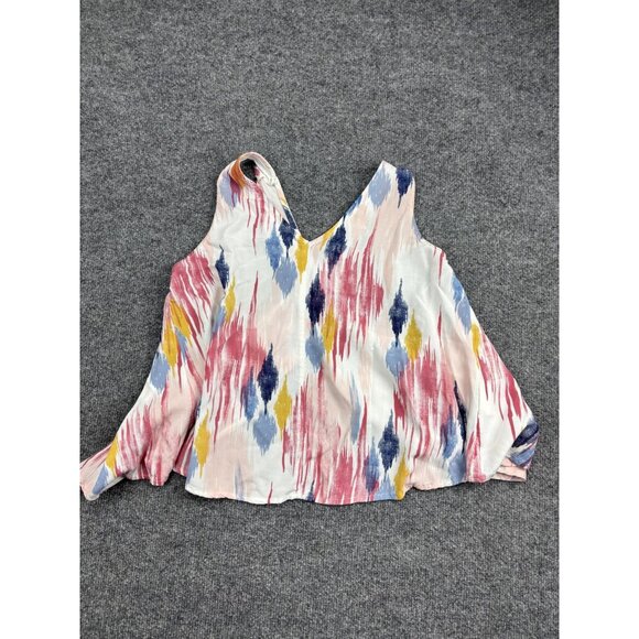 Roxy Shirt Womens US 8 Medium Pink Blue Ikat Print Sleeveless V Neck Boho Wrap - Picture 1 of 7